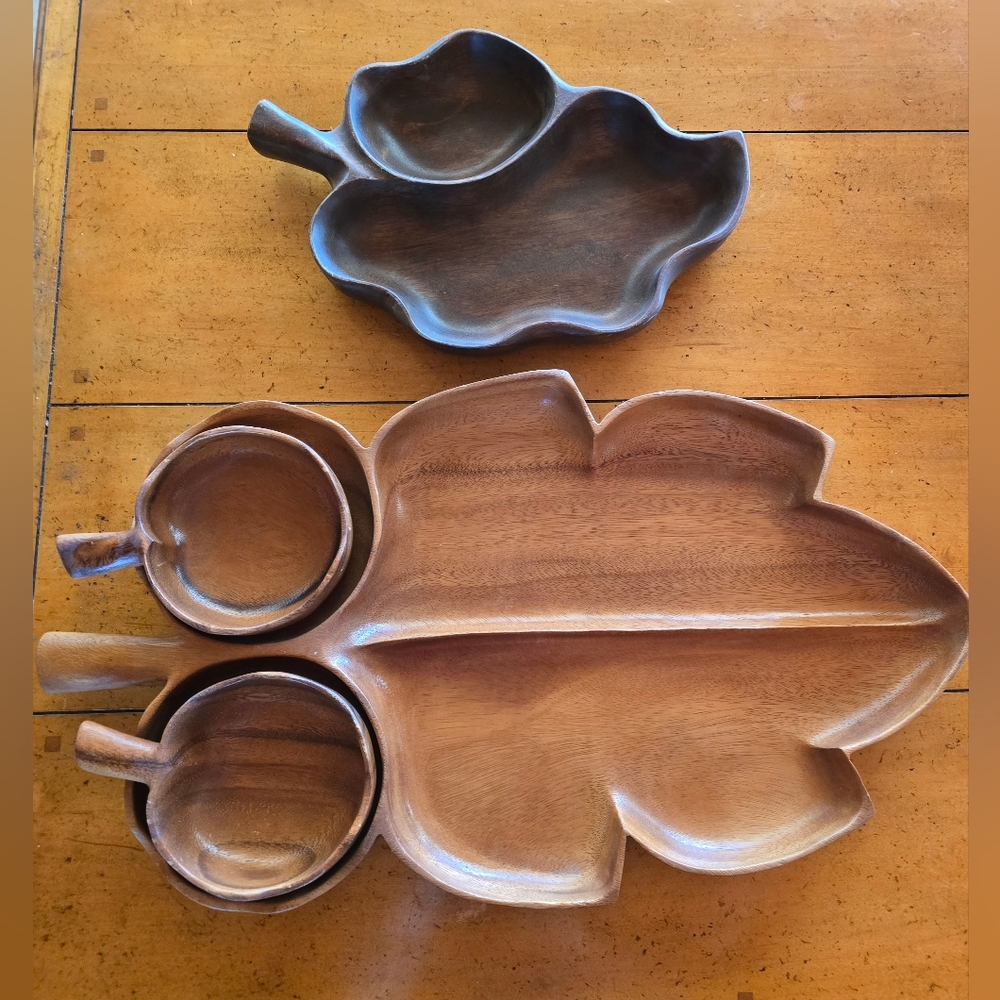 Vintage 1970s Hand Made Hawaiian Monkey Wood Leaf-shaped serving dishes.